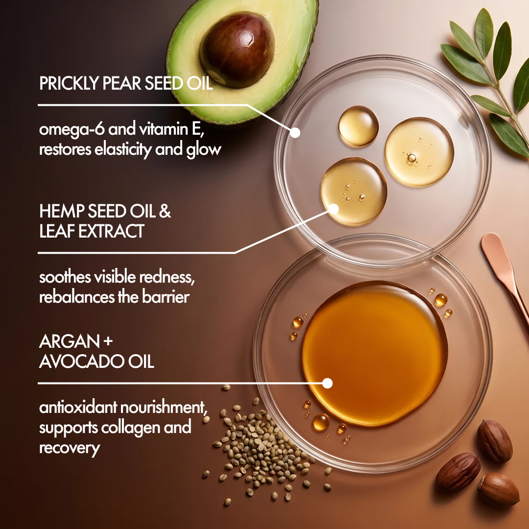 Elixir Intense Serum key ingredients: prickly pear seed oil, hemp seed oil and leaf extract, argan and avocado oil