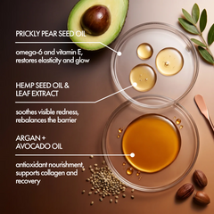 Elixir Intense Serum key ingredients: prickly pear seed oil, hemp seed oil and leaf extract, argan and avocado oil