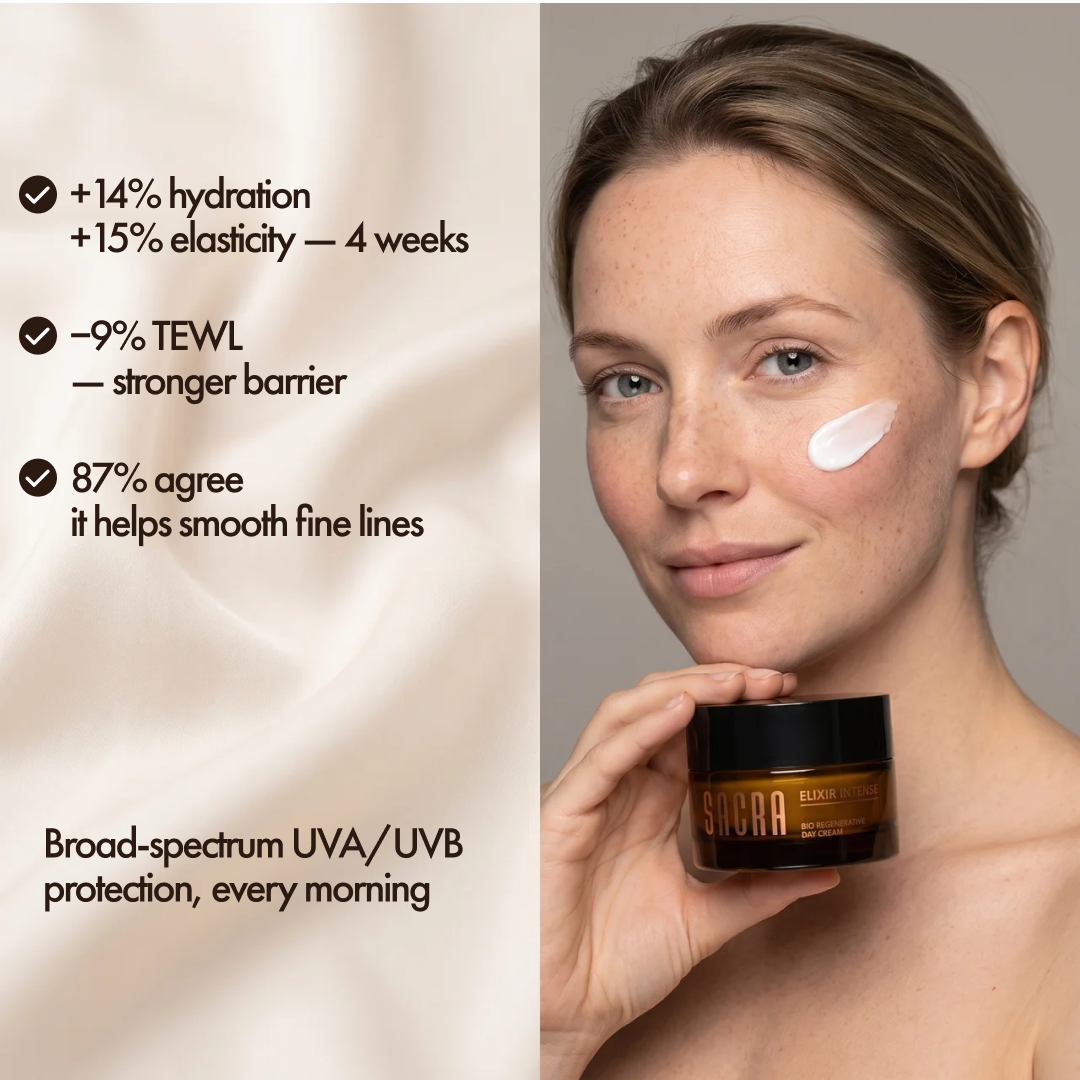Elixir Intense Day Cream clinical results: +14% hydration, +15% elasticity, -9% TEWL in 4 weeks