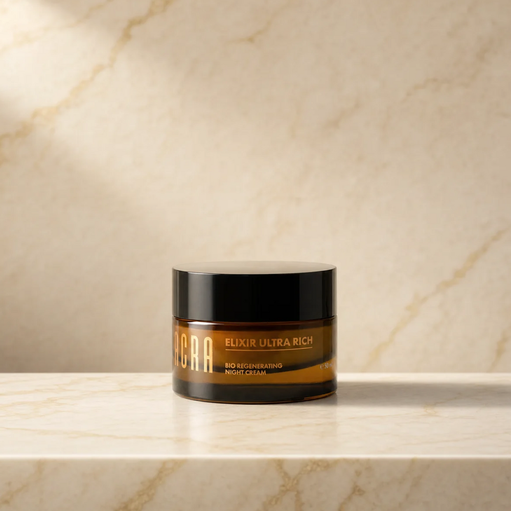 SACRA Elixir Ultra Rich Bio Regenerating Night Cream, amber glass jar on marble