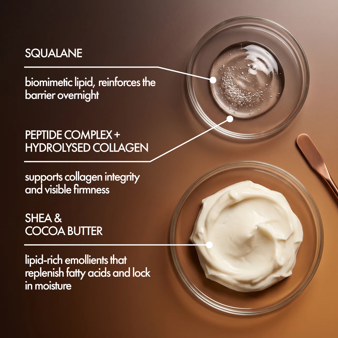 Elixir Ultra Rich Night Cream key ingredients: squalane, peptide complex with hydrolysed collagen, shea and cocoa butter