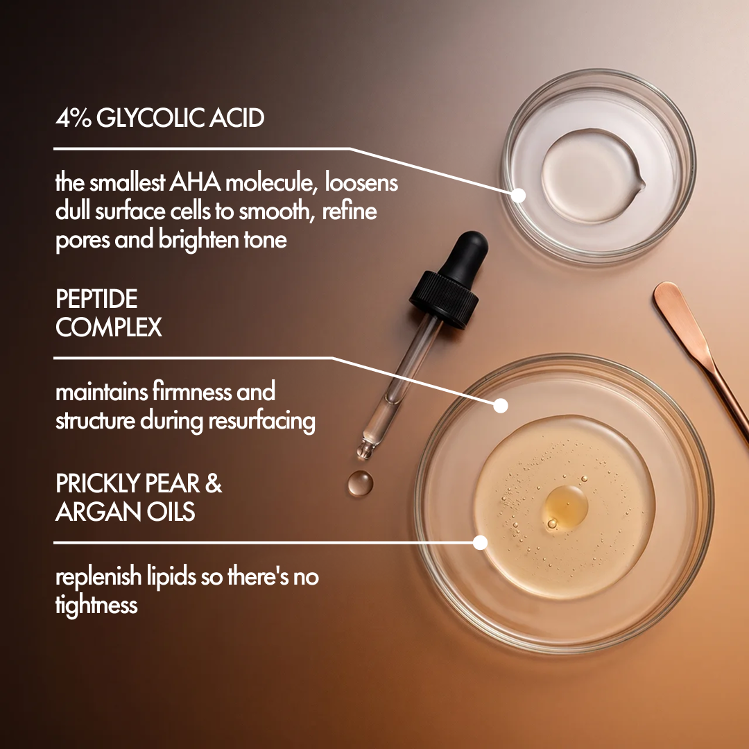 Ultra Clarifying Serum key ingredients: 4% glycolic acid, peptide complex, prickly pear and argan oils